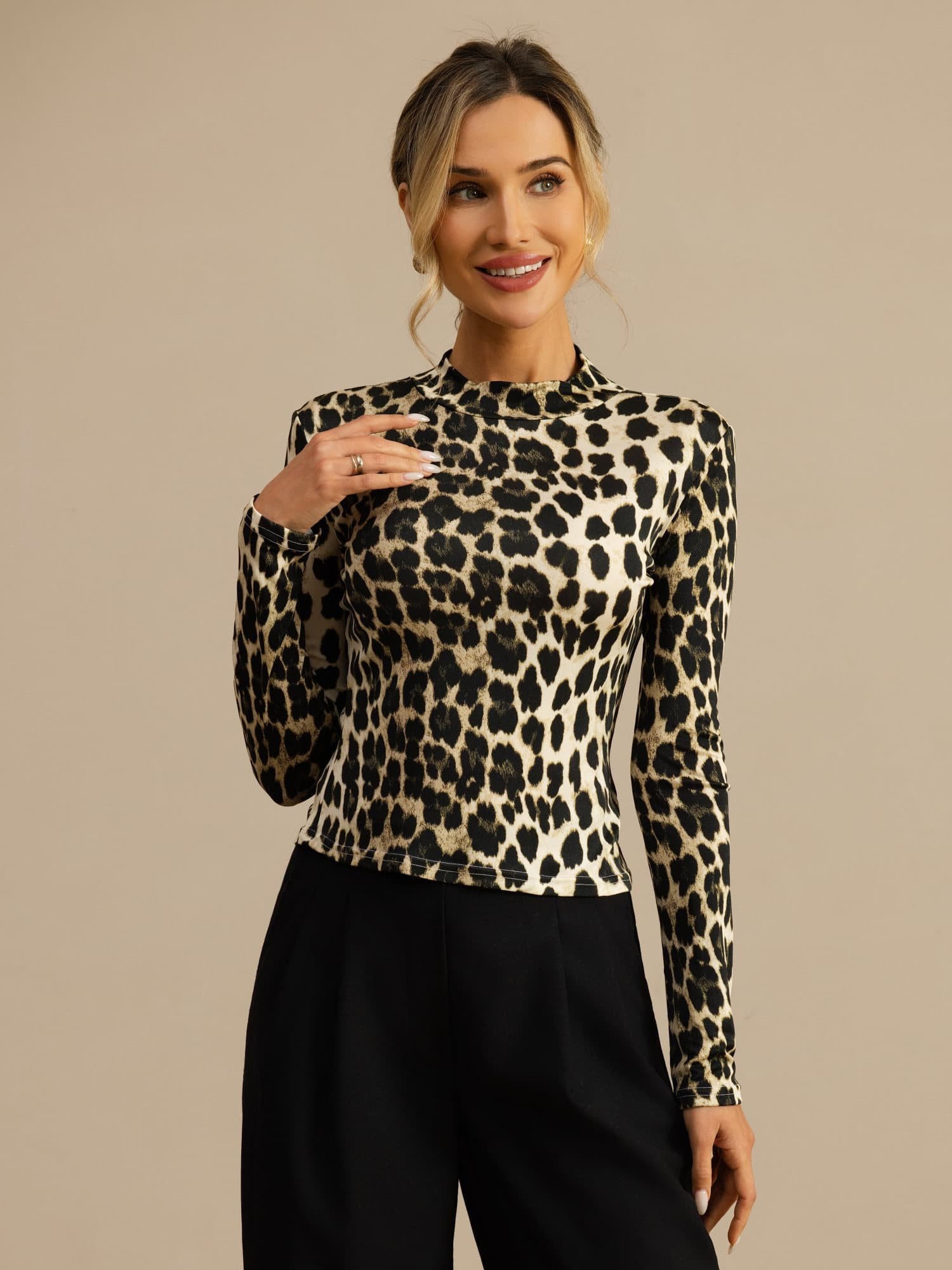 Pure Silk Wild Animal Print Women's Long Sleeve Mock Neck Top