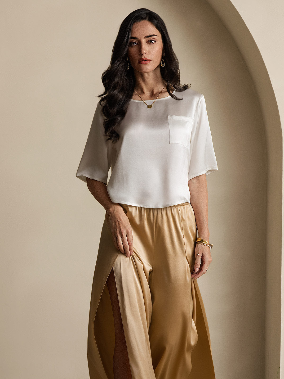 100% Mulberry Silk Women's Blouse Short Sleeve Boxy Crop Top