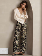 19Momme Silk Leopard Print Straight Leg Women's Pants With Side Pockets Design