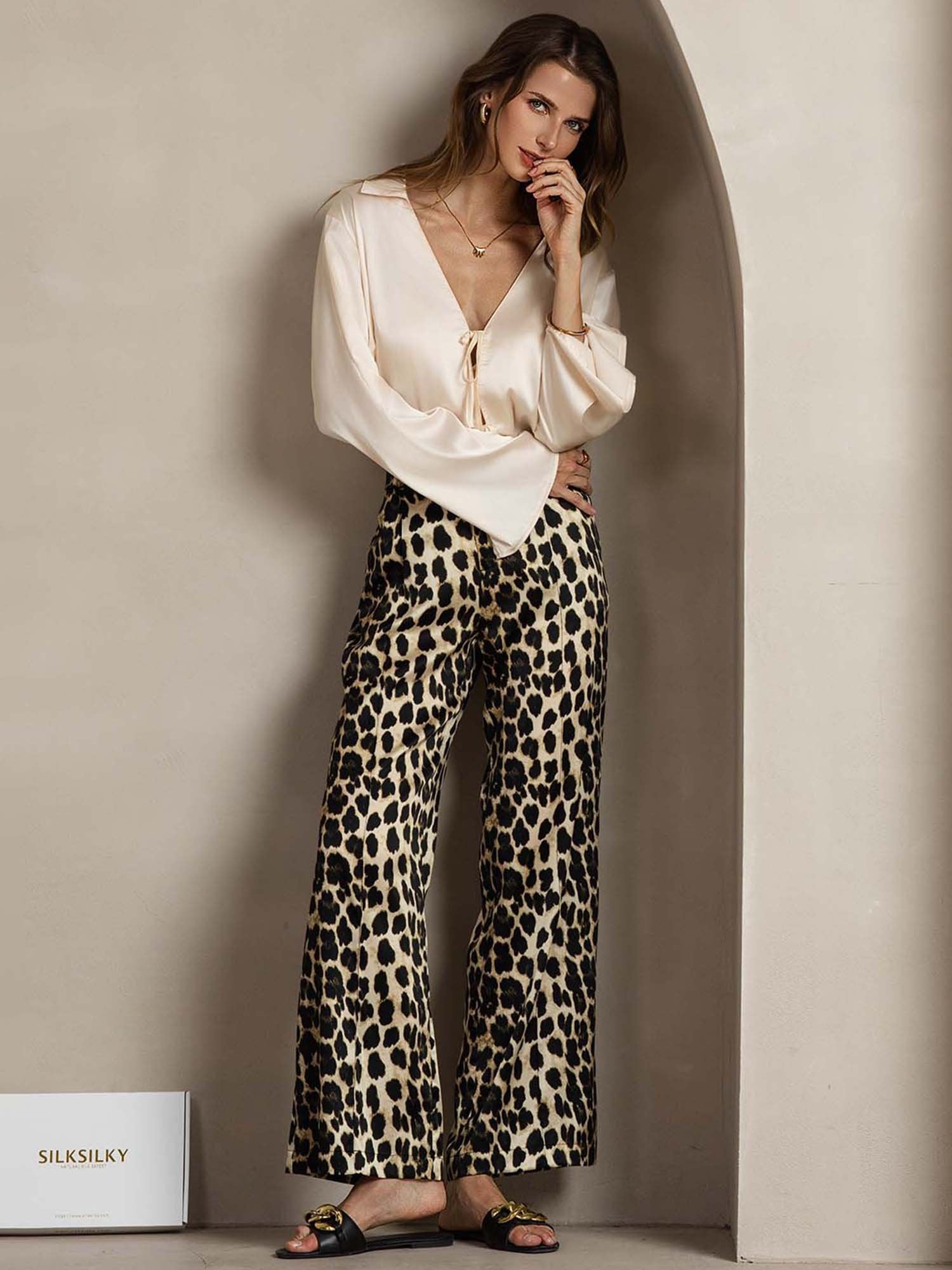 19Momme Silk Leopard Print Straight Leg Women's Pants With Side Pockets Design