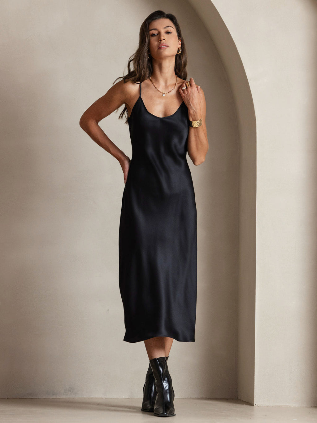 100% Mulberry Silk Spaghetti Strap Midi Long Dress