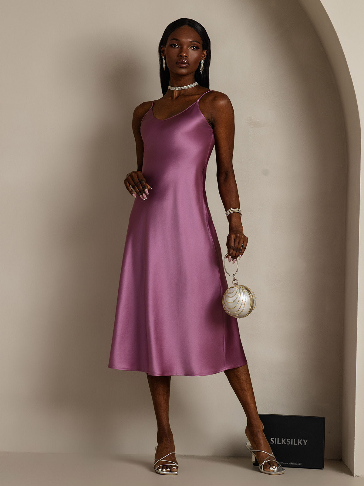 100% Mulberry Silk Spaghetti Strap V Neck Midi Dress