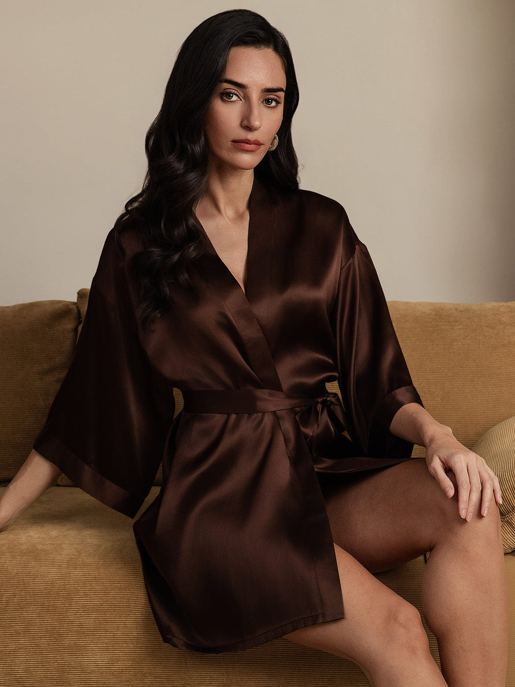 100% Mulberry Silk 3/4 Sleeve Short Women's Kimono Robe with Wrap Design