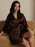100% Mulberry Silk 3/4 Sleeve Short Women's Kimono Robe with Wrap Design