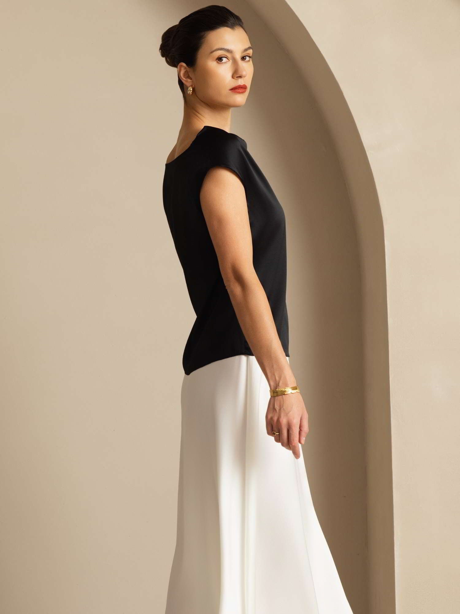 19Momme Silk Cap Sleeve Cowl Neck Women's Top