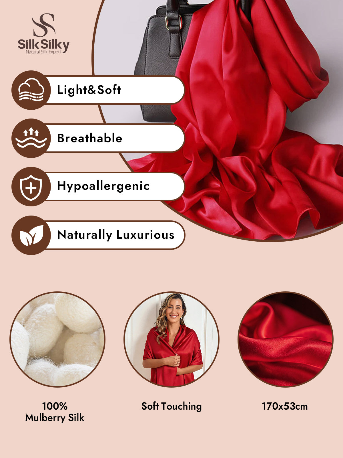 100% Mulberry Silk Long Scarf/Shawl 170x53cm/67