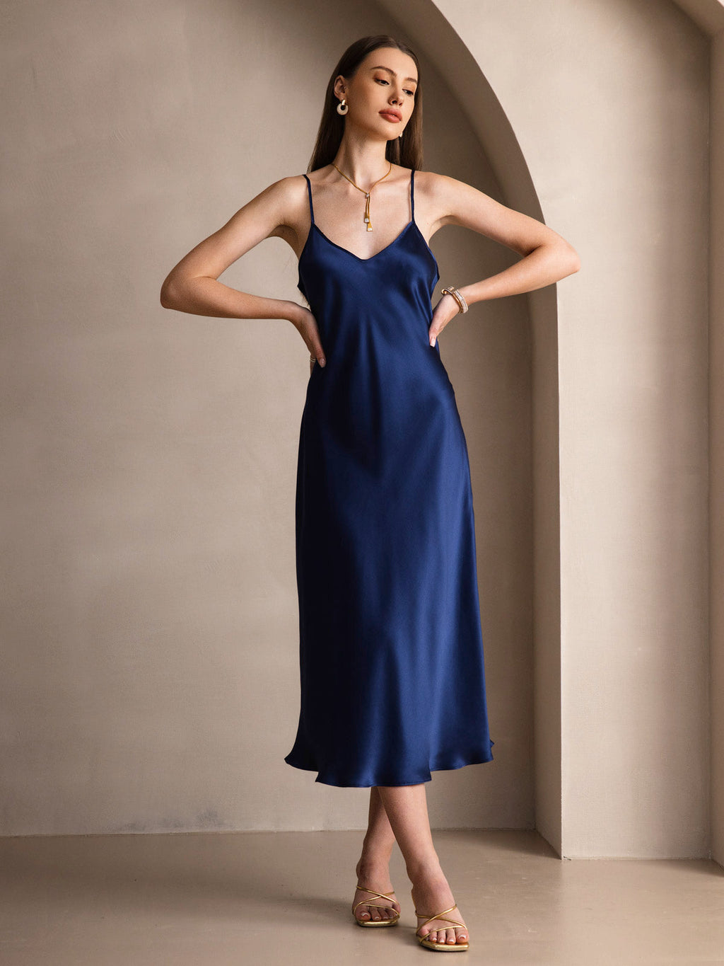 100% Mulberry Silk Spaghetti Strap Midi Long Dress