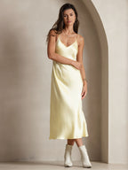 100% Mulberry Silk Spaghetti Strap V Neck Midi Dress