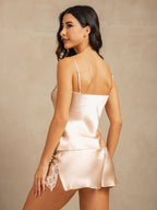 100% Mulberry Silk Lace Trim Camisole Set with Side Slit