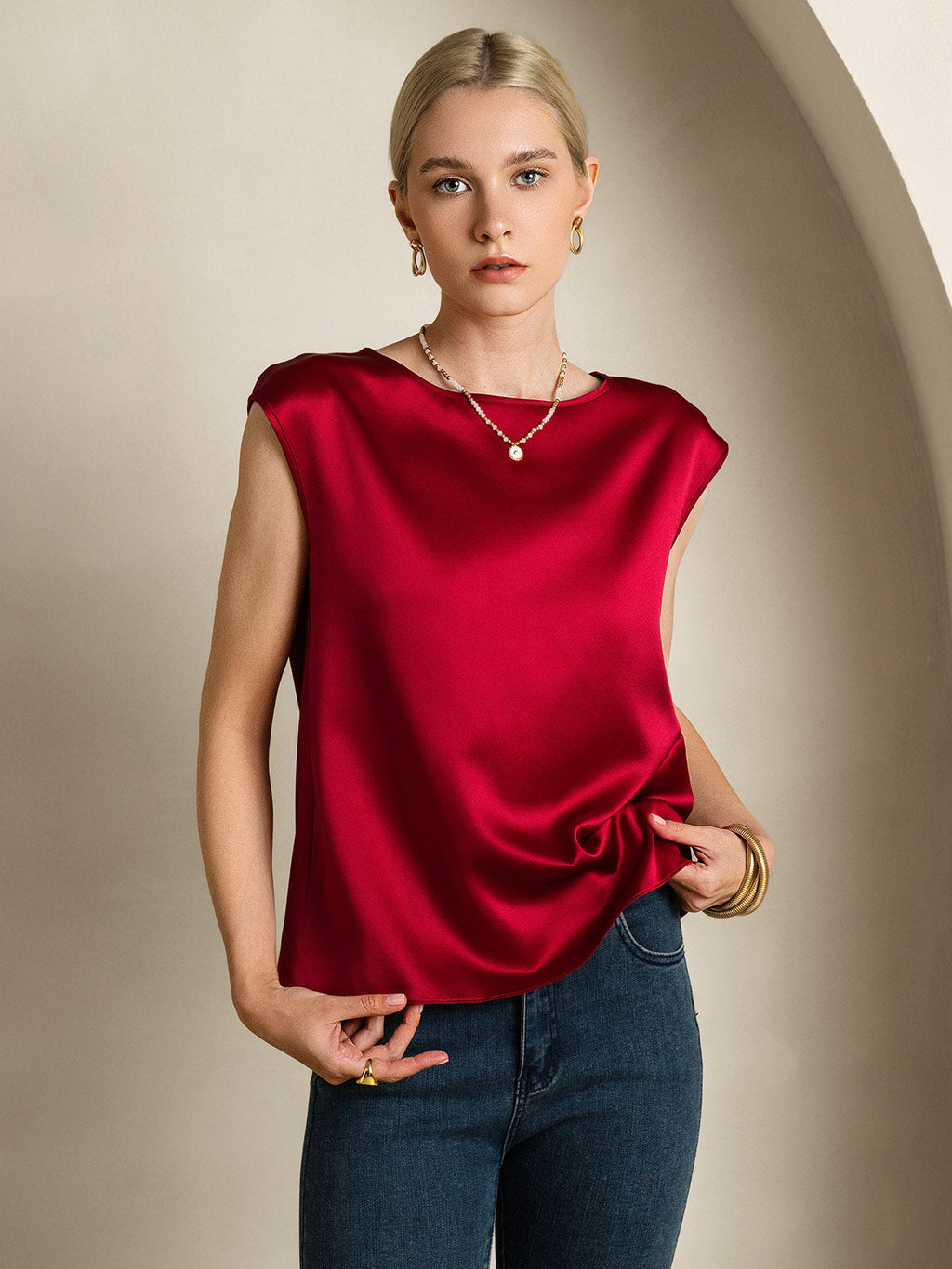 19Momme Silk Cap Sleeve Round Neck Women's Top
