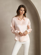 19Momme Silk Long Sleeve Lapel Collar Women's Shirt with Button Up Design