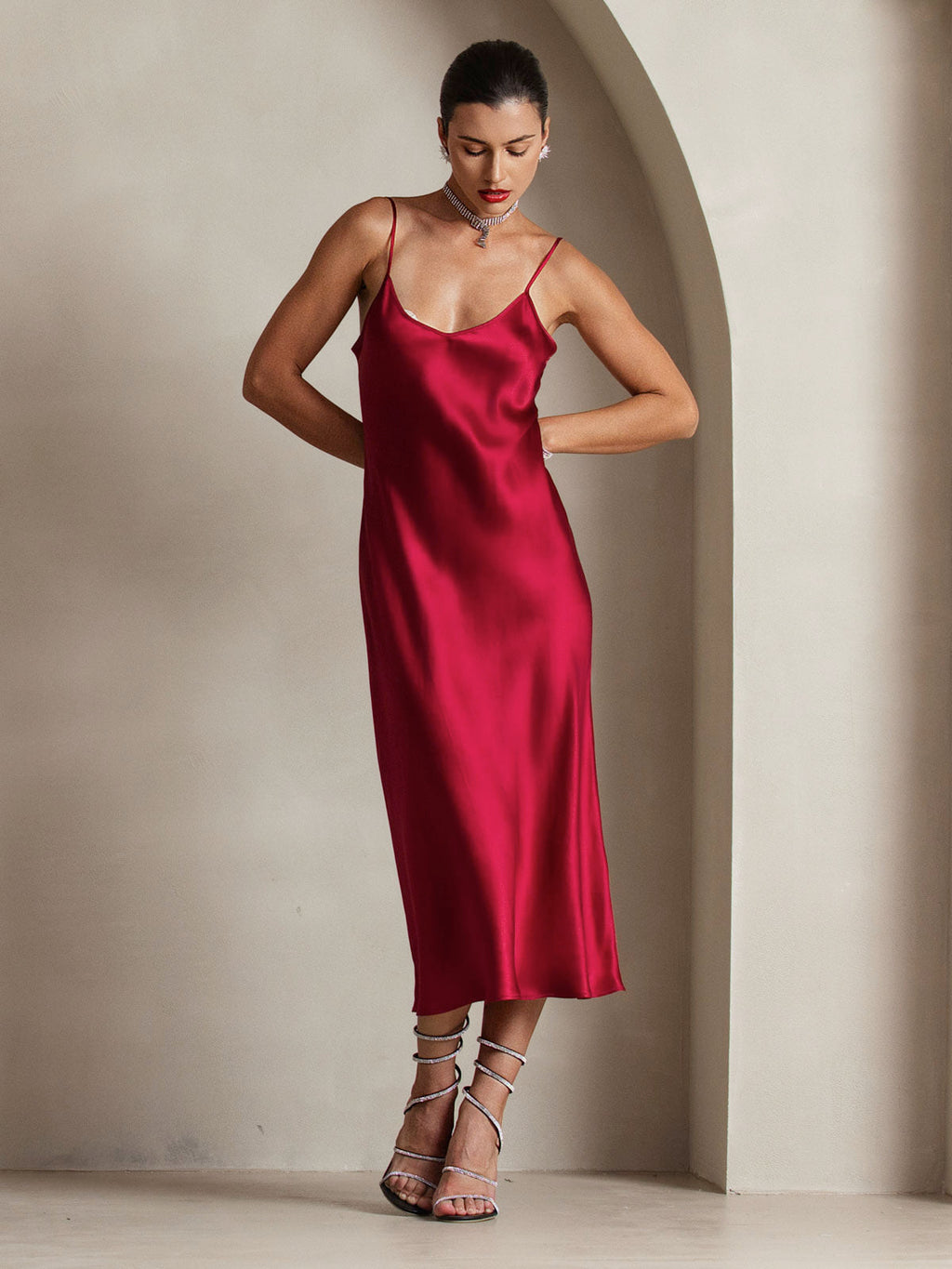 100% Mulberry Silk Spaghetti Strap Midi Long Dress