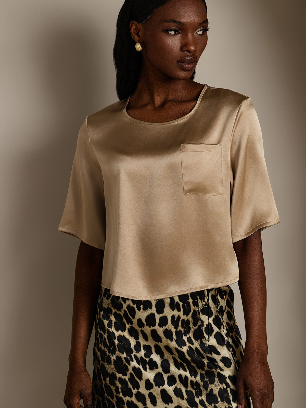 100% Mulberry Silk Women's Blouse Short Sleeve Boxy Crop Top