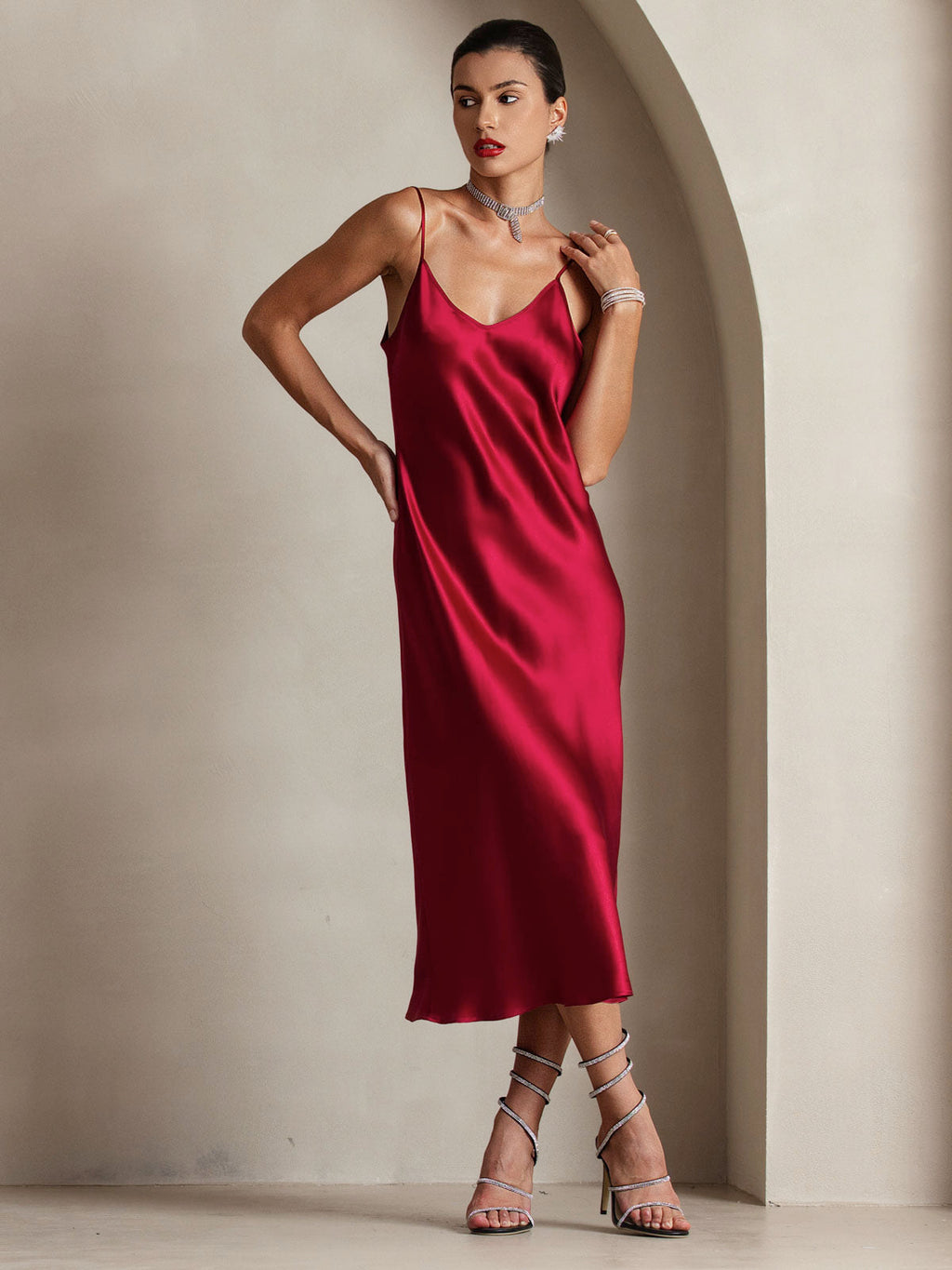 100% Mulberry Silk Spaghetti Strap V Neck Midi Dress