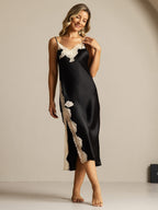 100% Mulberry Silk Spaghetti Strap Long Nightgown with Lace Split Design