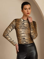 Pure Silk Wild Animal Print Women's Long Sleeve Mock Neck Top
