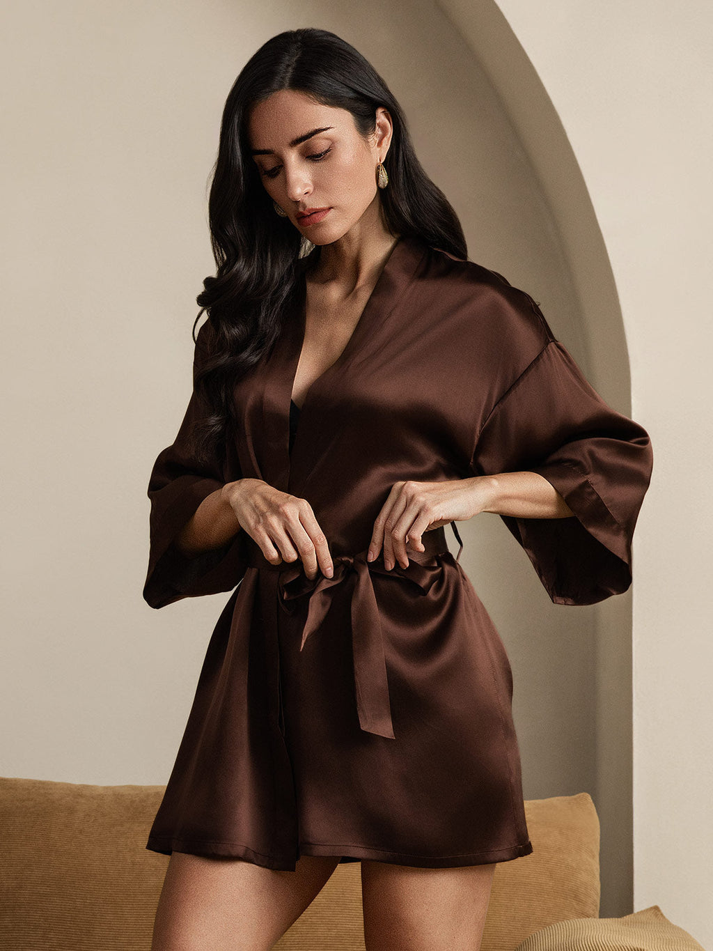 100% Mulberry Silk 3/4 Sleeve Short Women's Kimono Robe with Wrap Design