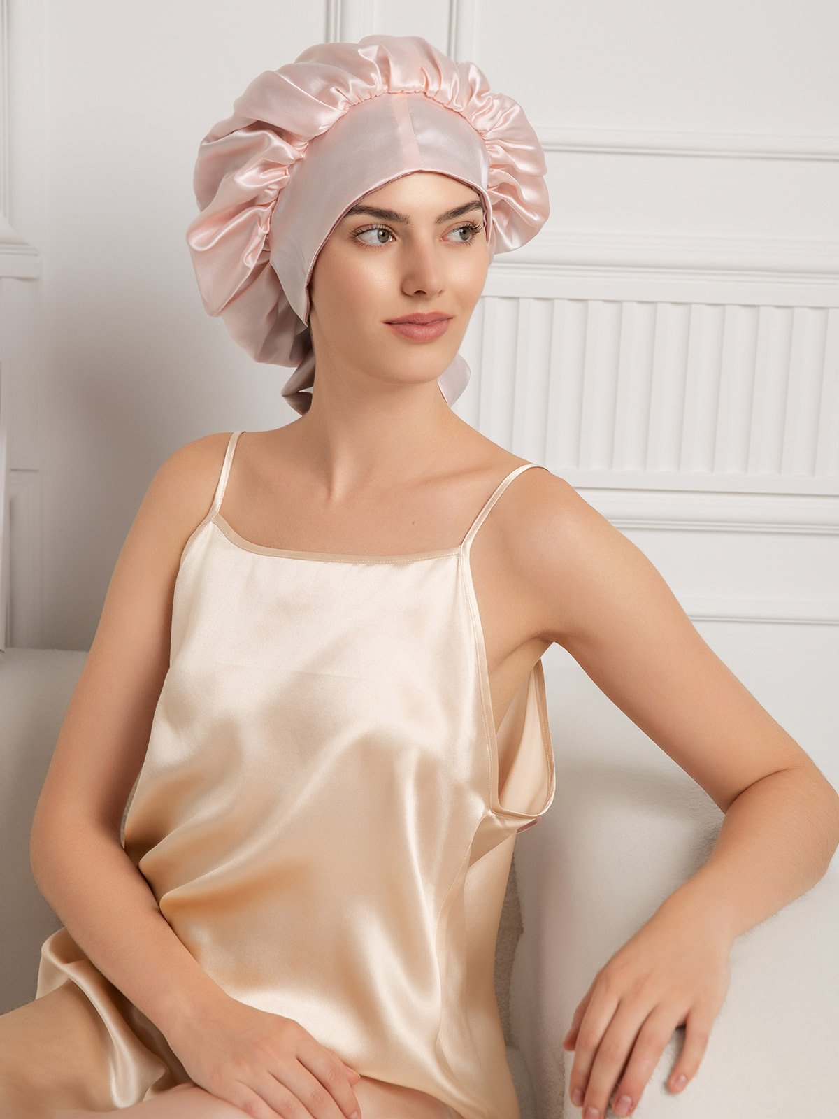 100% Mulberry Silk  Casual Bonnet with Long Ribbons (Two-tone and Double-sided)