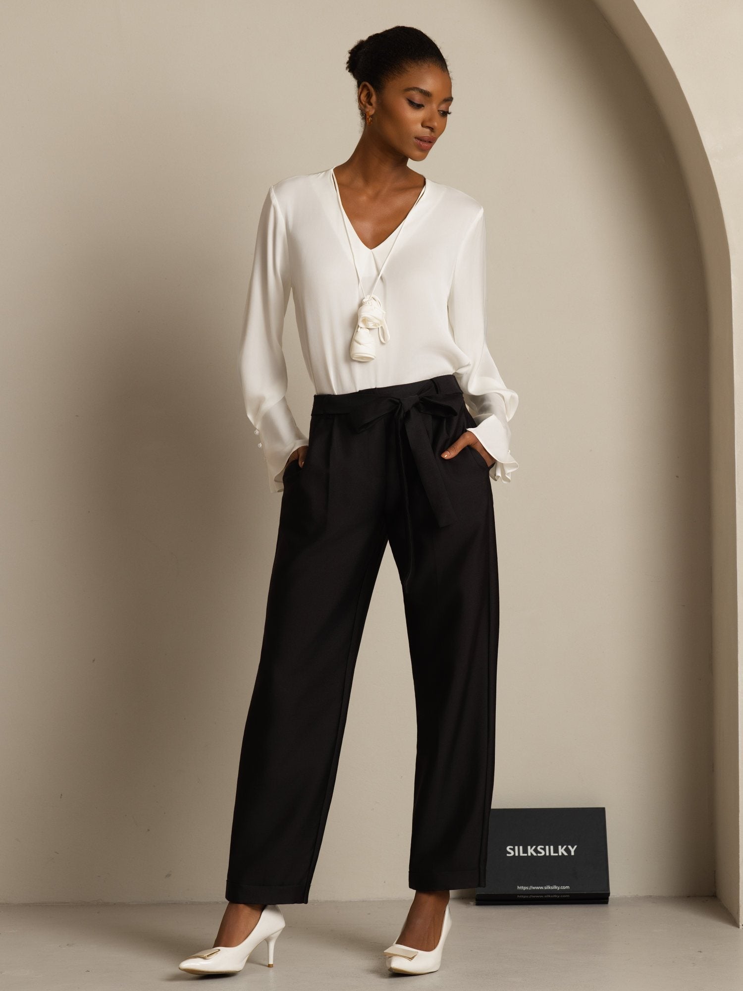 19Momme Silk Women's V Neck Long Sleeve Blouse With 3D Rose Detail