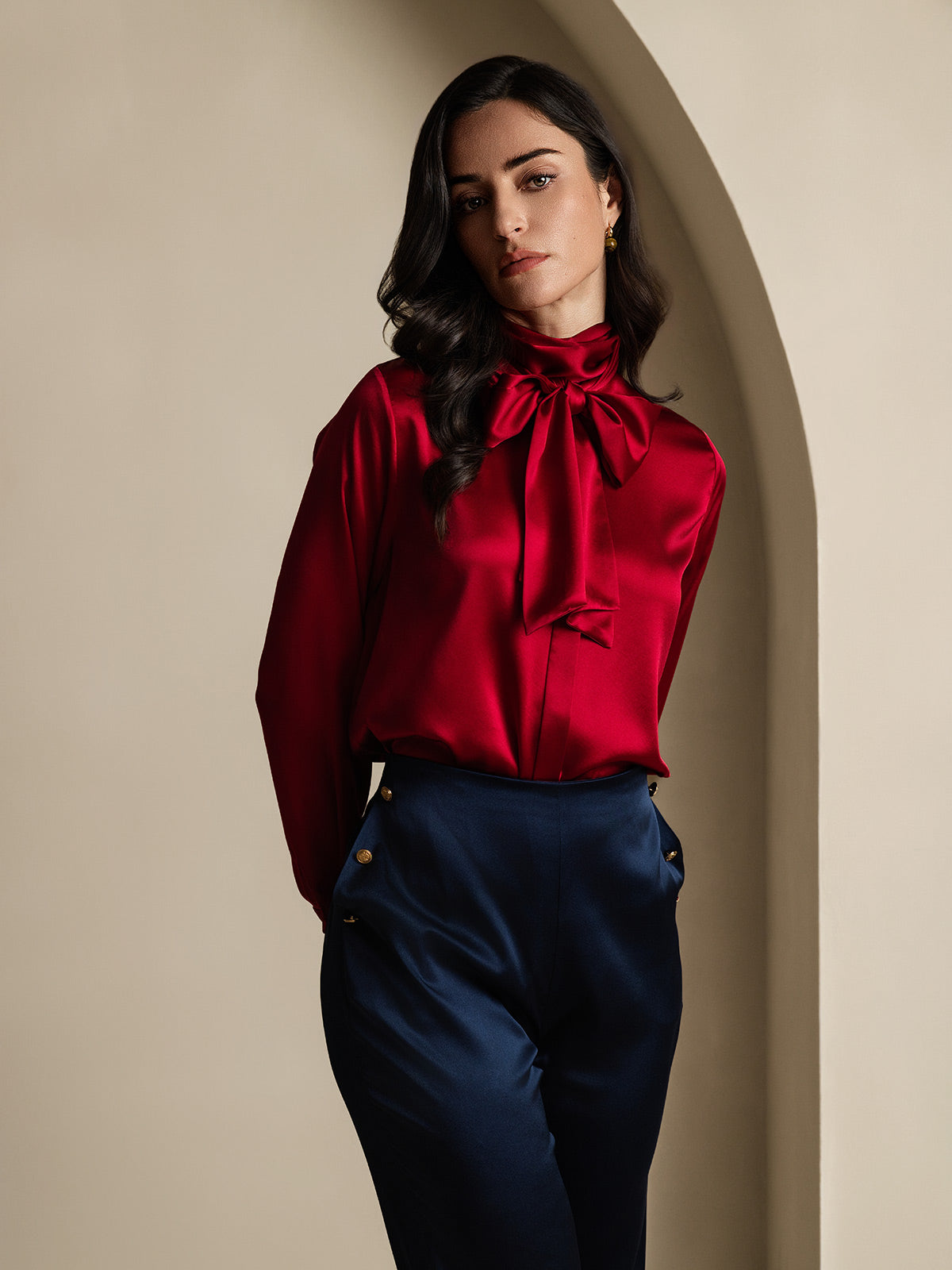 19Momme Silk High Waist Straight Fit Women's Pants with Back Elastic Waist Design