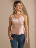 19Momme Silk Women's Adjustable Spaghetti Strap V Neck Lace Trim Camisole Top