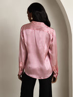 19Momme Silk Stripe Print Long Sleeve Lapel Collar Women's Shirt