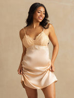 Pure Silk Spaghetti Strap Lace V neck Backless Short Nightgown