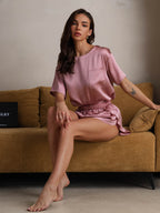 100% Mulberry Silk Short Sleeve Round Neck Women's Pajamas Set