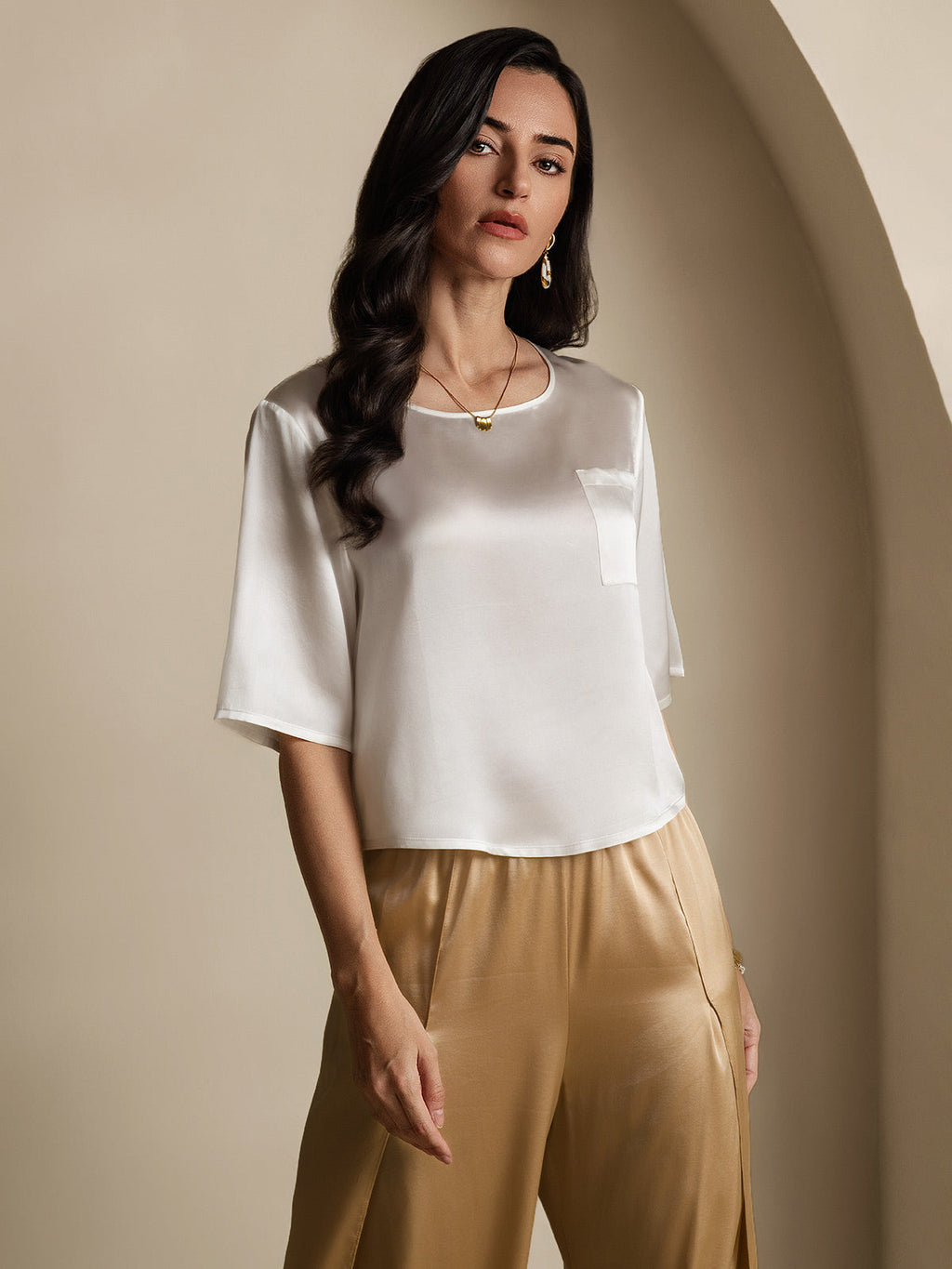 100% Mulberry Silk Women's Blouse Short Sleeve Boxy Crop Top