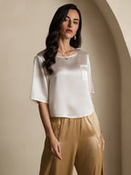100% Mulberry Silk Women's Blouse Short Sleeve Boxy Crop Top