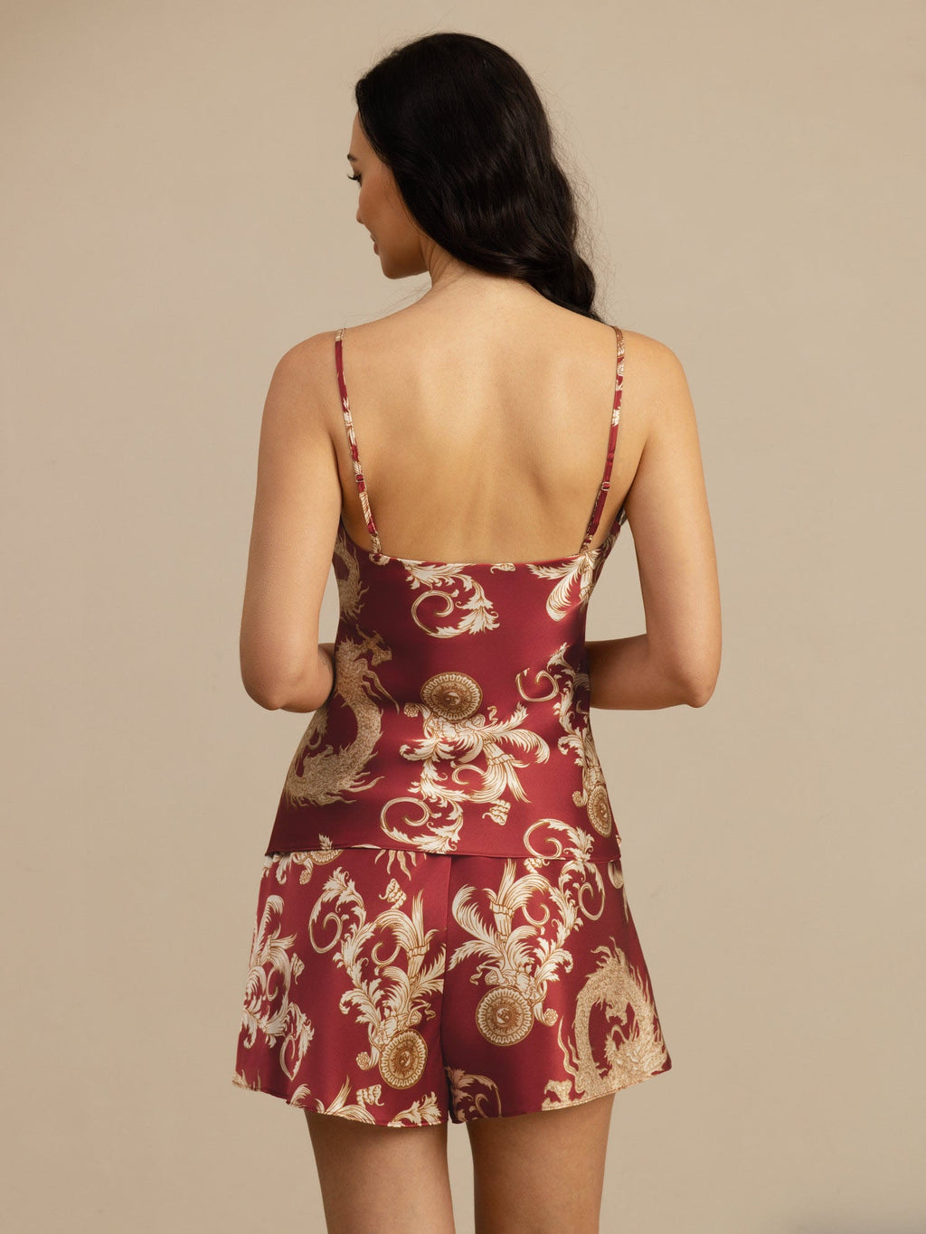 Pure Silk Dragon Print Spaghetti Strap V Neck Camisole Set