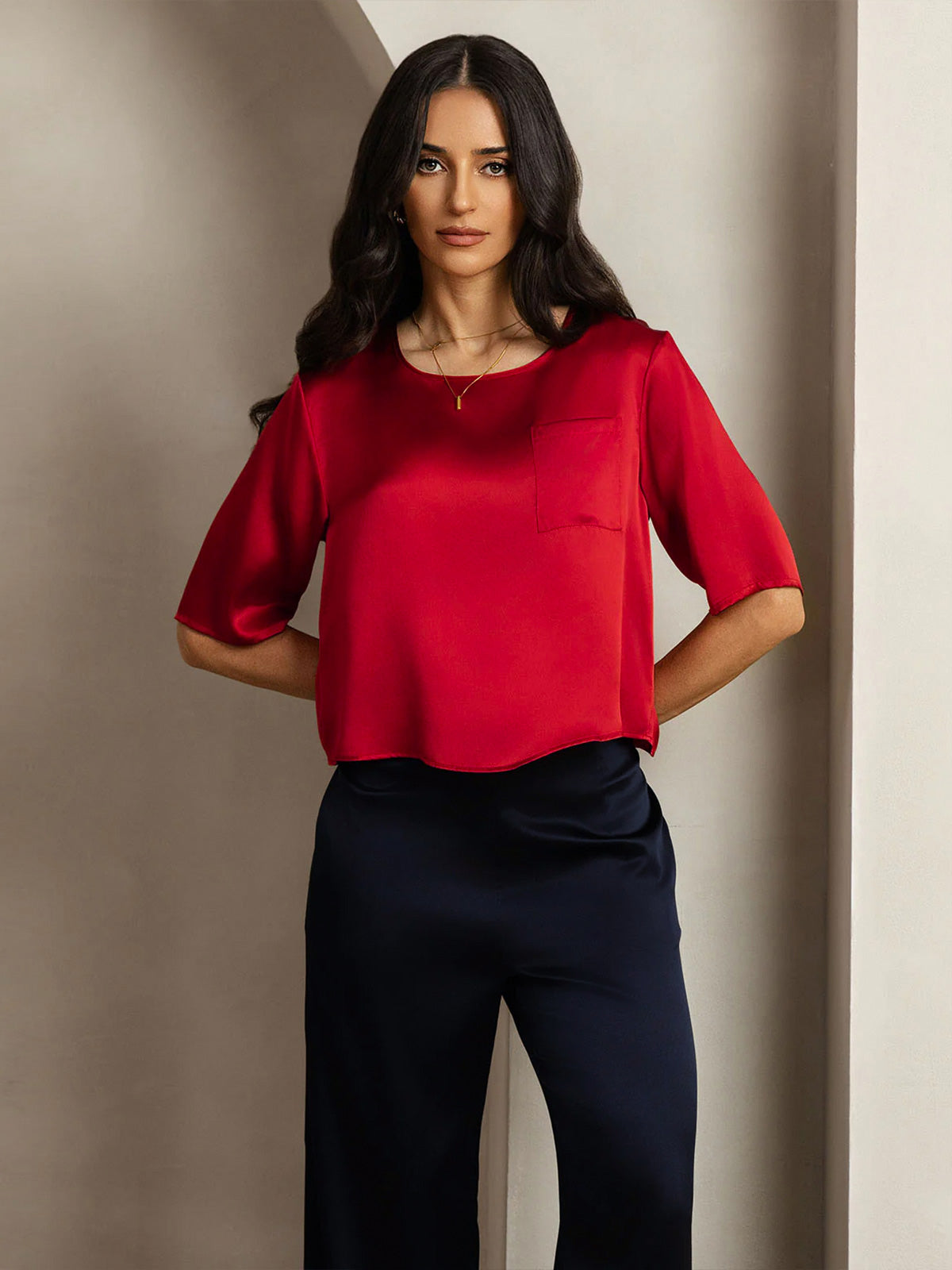 100% Mulberry Silk Women's Blouse Short Sleeve Boxy Crop Top