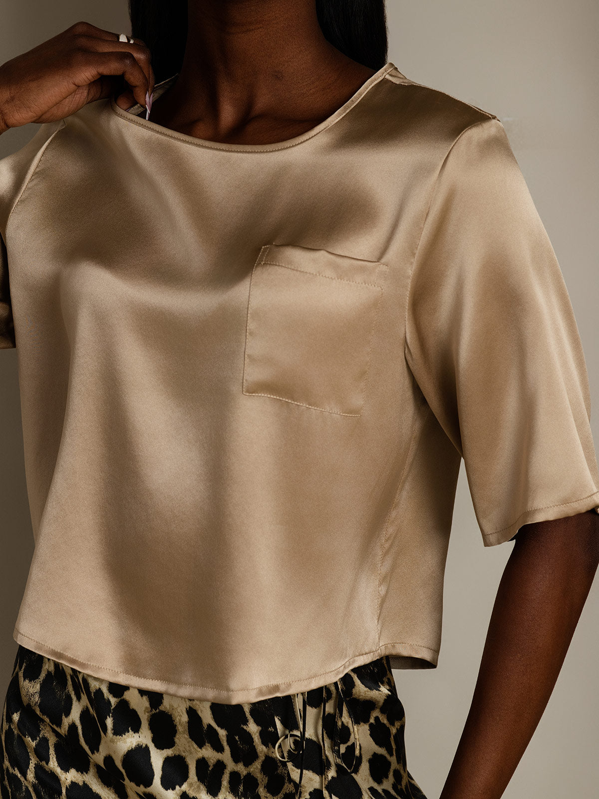100% Mulberry Silk Women's Blouse Short Sleeve Boxy Crop Top