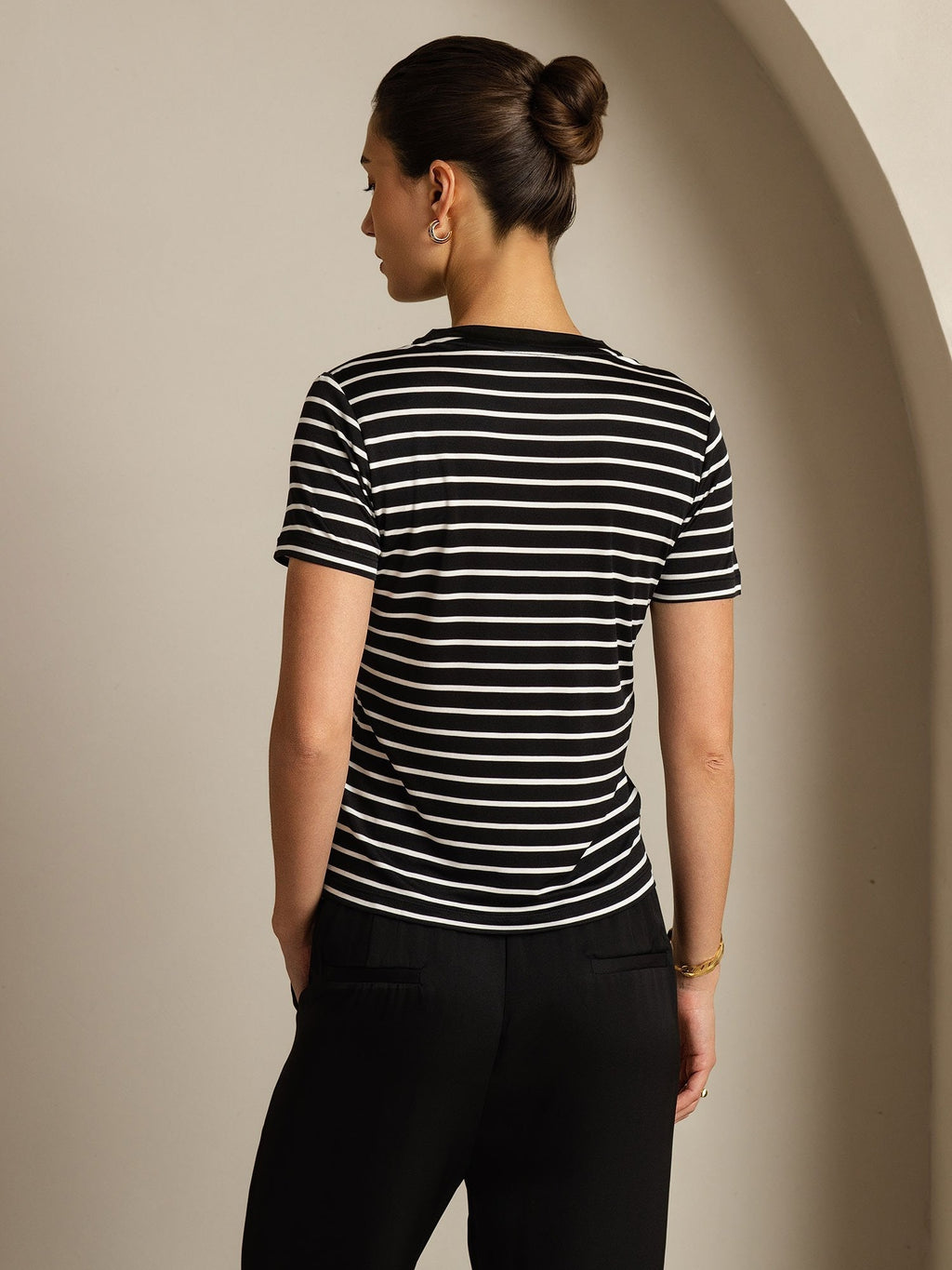 Pure Silk Crew Neck Short Sleeve Women's Sport Stripe Print T-Shirt