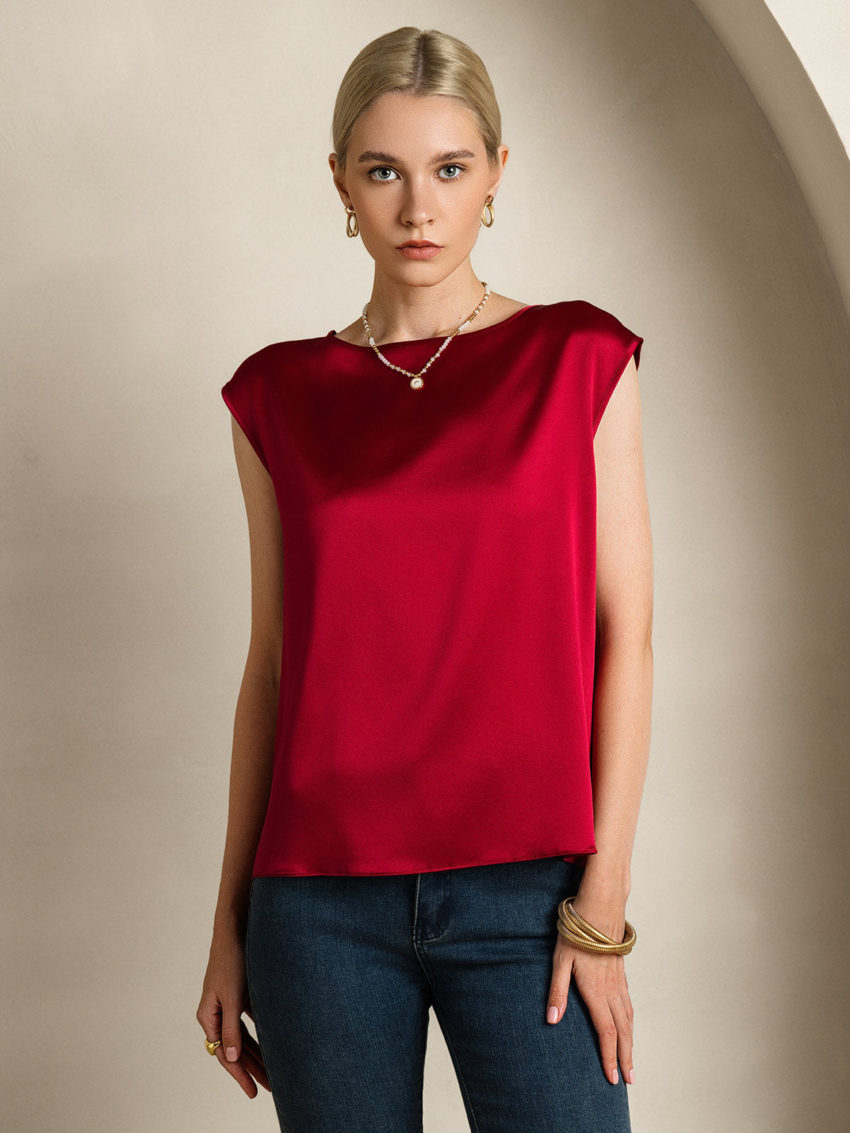 19Momme Women's Silk Cap Sleeve Round Neck Top