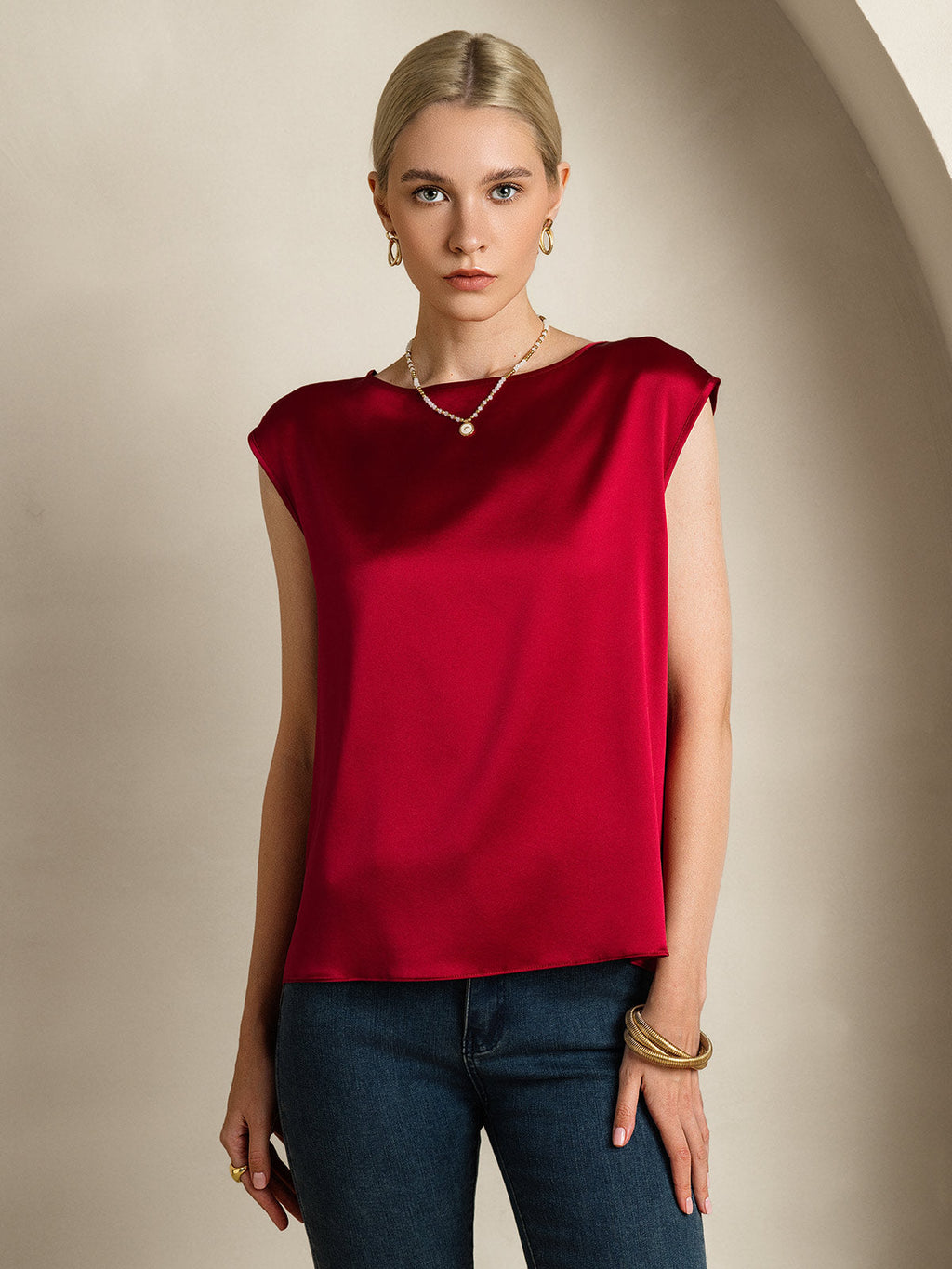 19Momme Silk Cap Sleeve Round Neck Women's Top