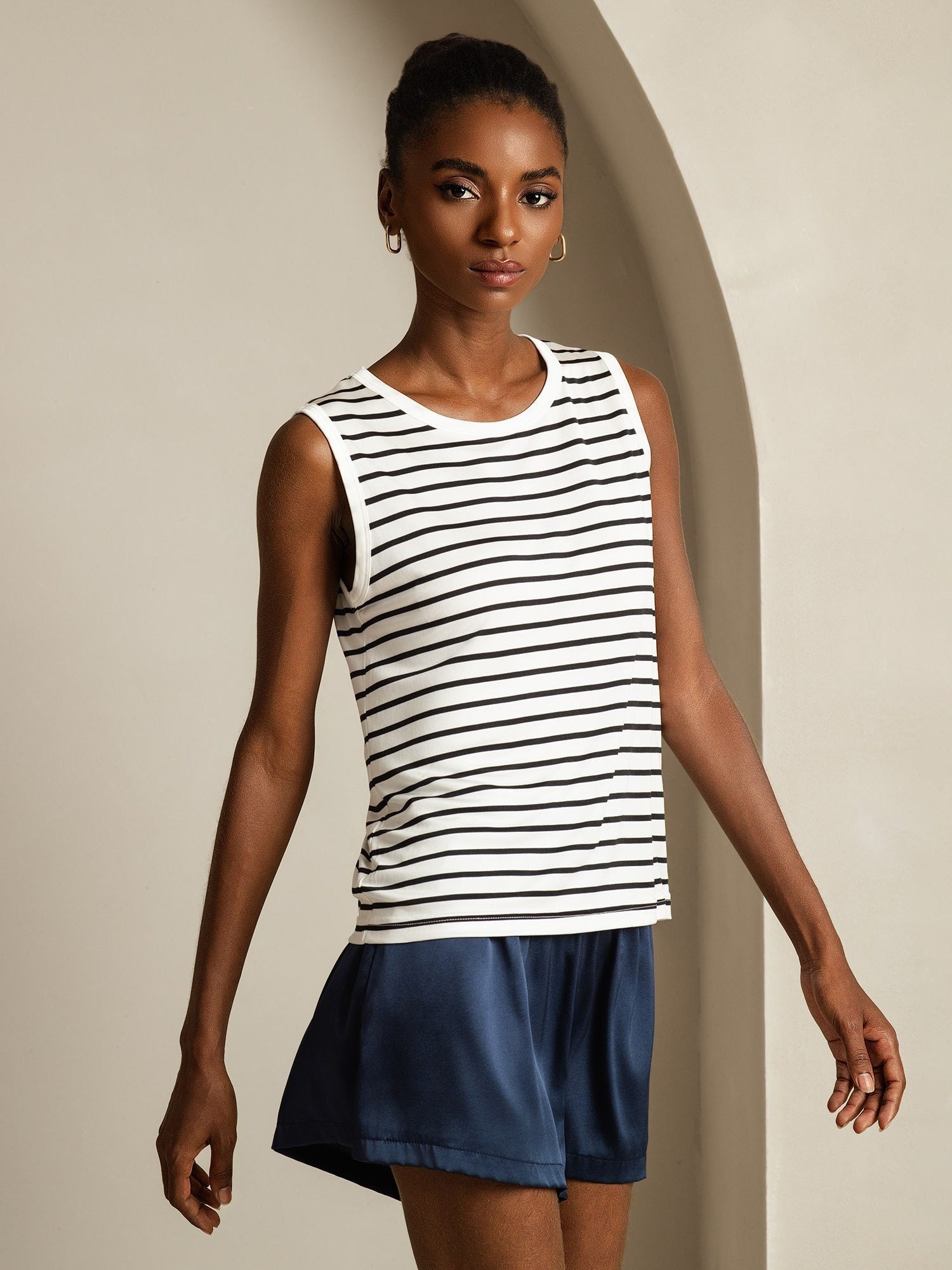 Women's Pure Silk Round Neck Sport Stripe Print Tank Top