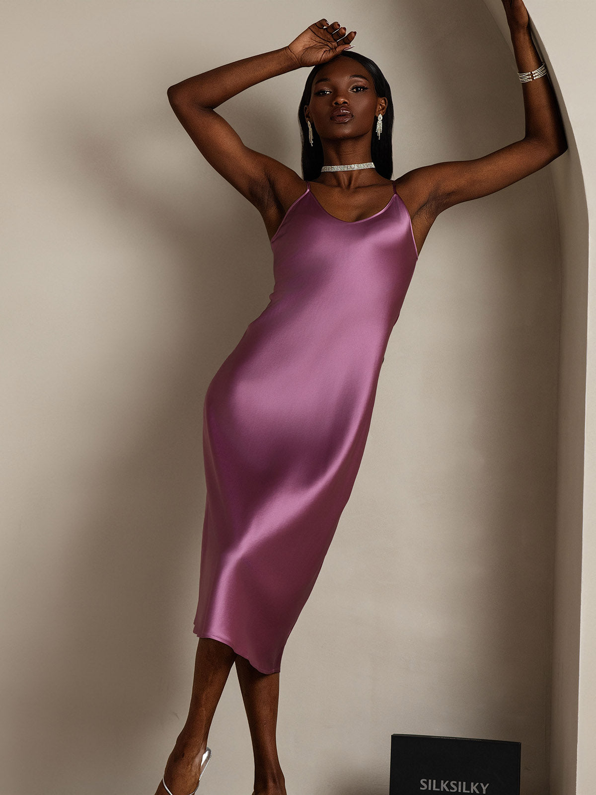 Women's 100% Mulberry Silk Spaghetti Strap V-neck Midi Nightgown