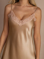 100% Mulberry Silk Elegant Slip Lace Trim V Neck Short Nightgown