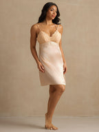 Pure Silk Spaghetti Strap Lace V neck Backless Short Nightgown