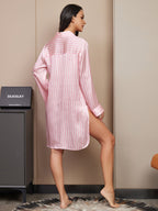 100% Mulberry Silk Stripe Print Nightshirt with High-Low Hem