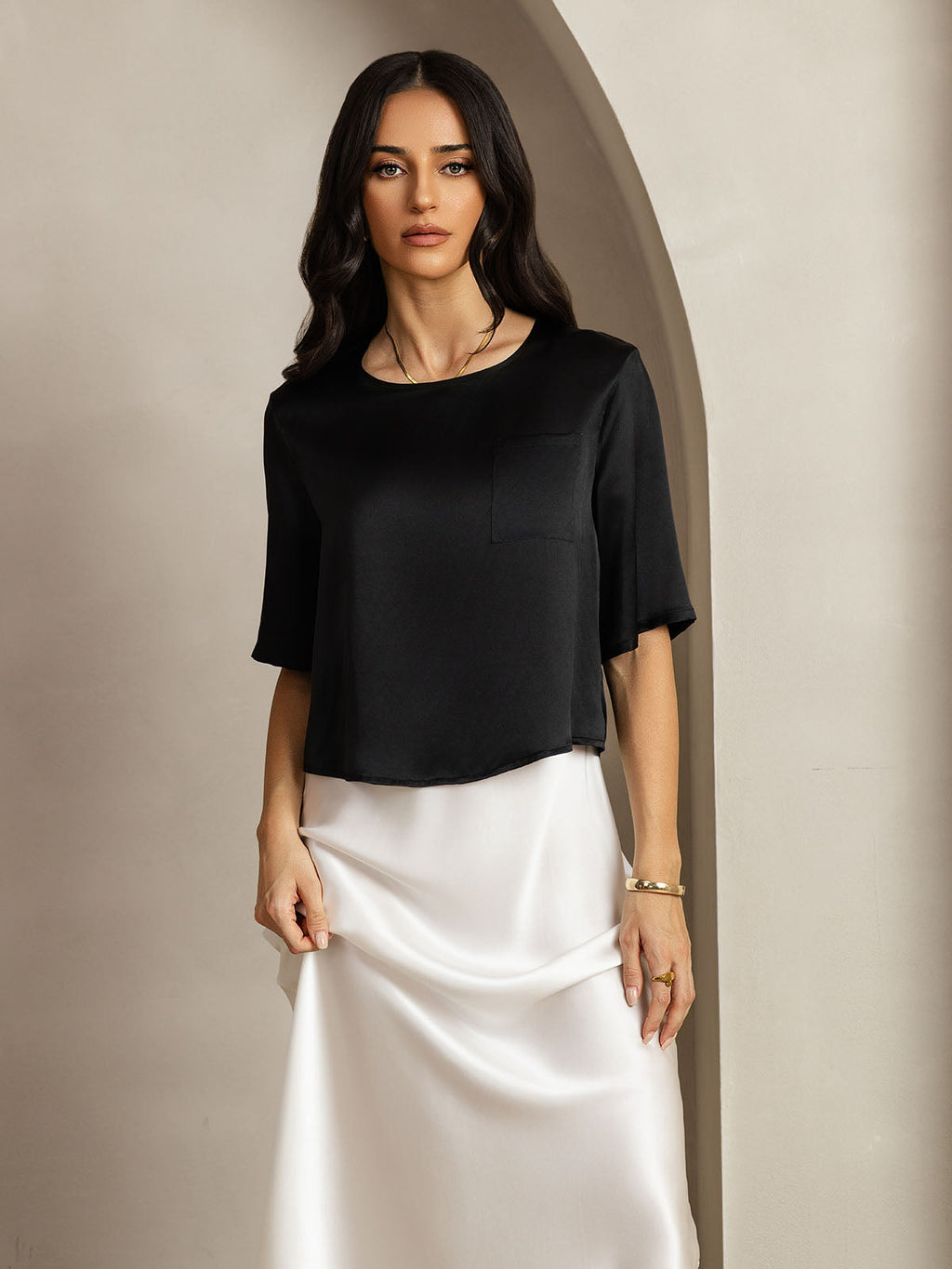 100% Mulberry Silk Women's Blouse Short Sleeve Boxy Crop Top