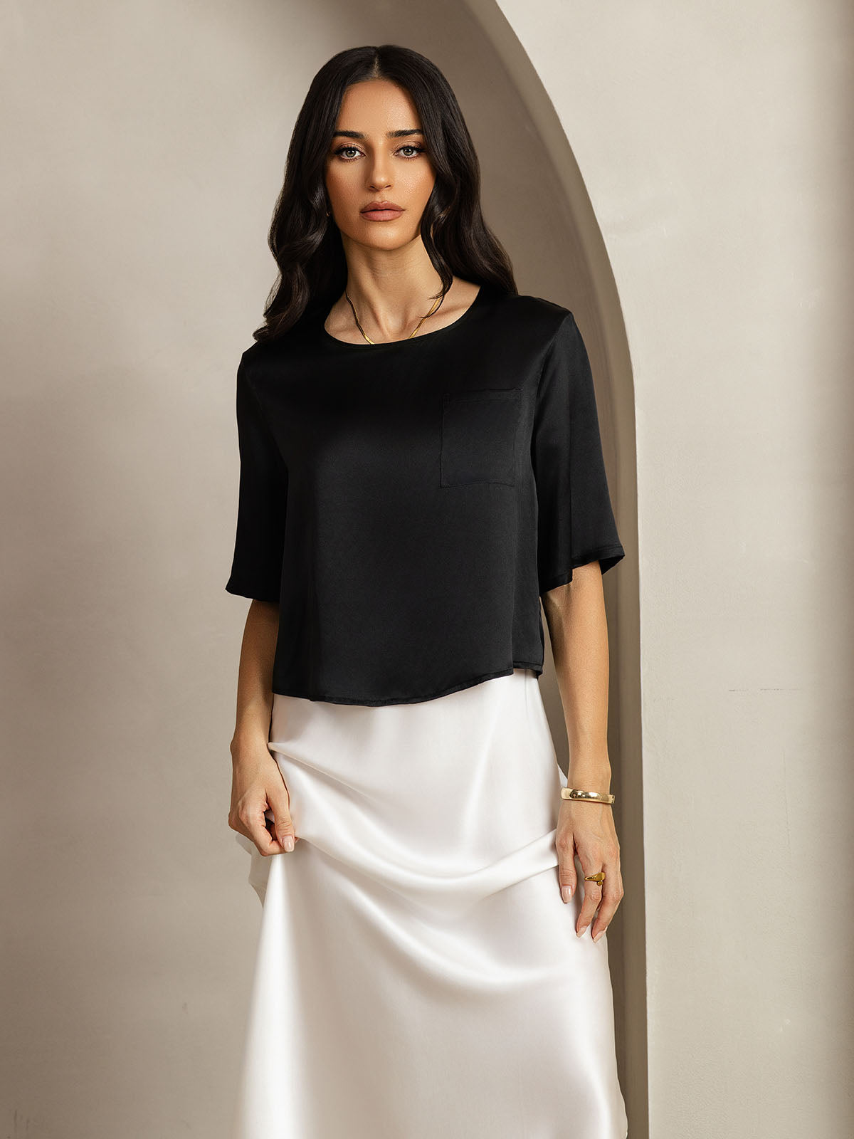 100% Mulberry Silk Women's Blouse Short Sleeve Boxy Crop Top
