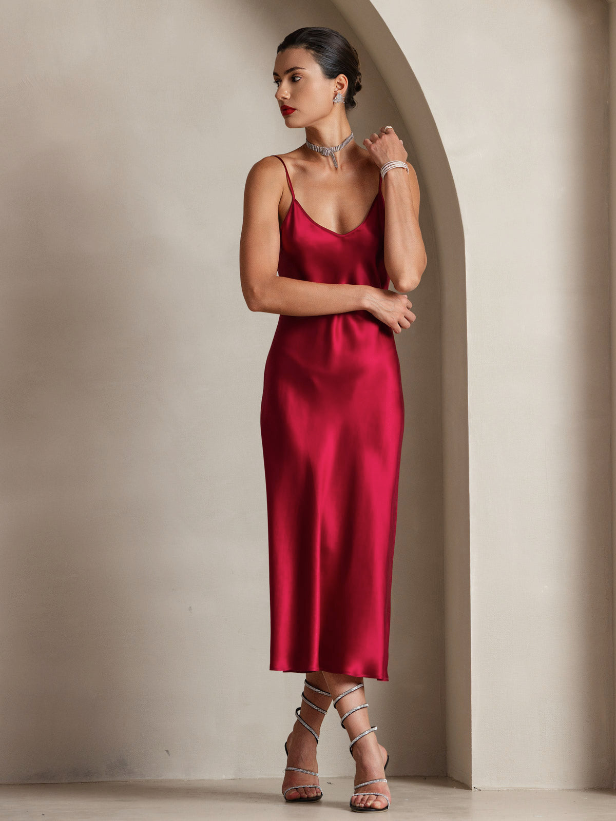 100% Mulberry Silk Spaghetti Strap Midi Long Dress