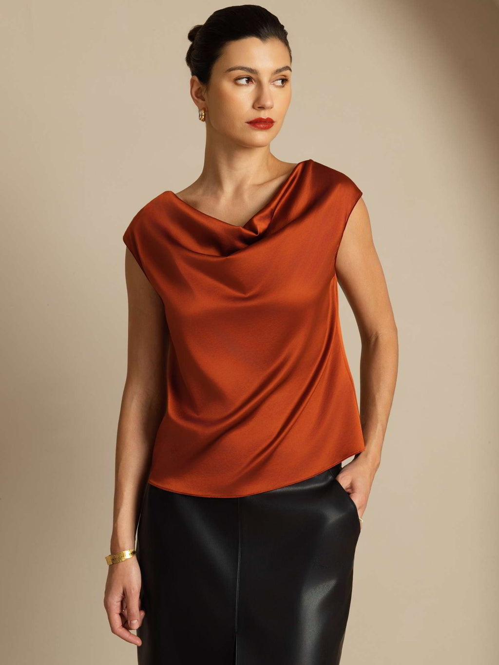 19Momme Women's Silk Cap Sleeve Cowl Neck Top