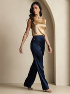 19Momme Silk High Waist Straight Fit Women's Pants with Back Elastic Waist Design