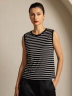 Women's Pure Silk Round Neck Sport Stripe Print Tank Top