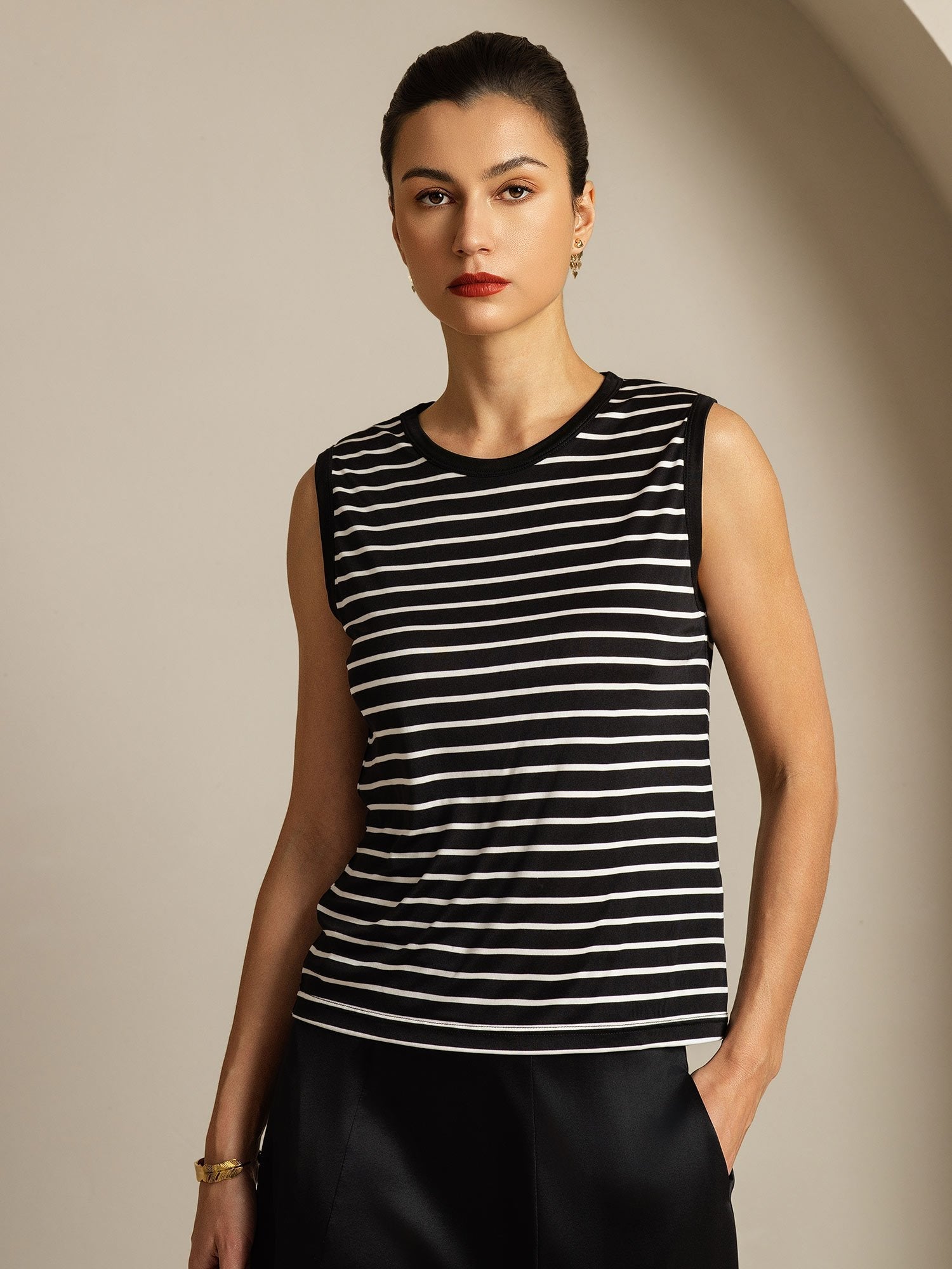 Women's Pure Silk Round Neck Sport Stripe Print Tank Top