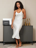 Women's 100% Mulberry Silk Spaghetti Strap V-neck Midi Nightgown