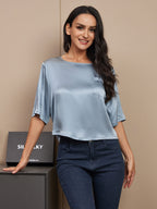 100% Mulberry Silk Women's Blouse Short Sleeve Boxy Crop Top